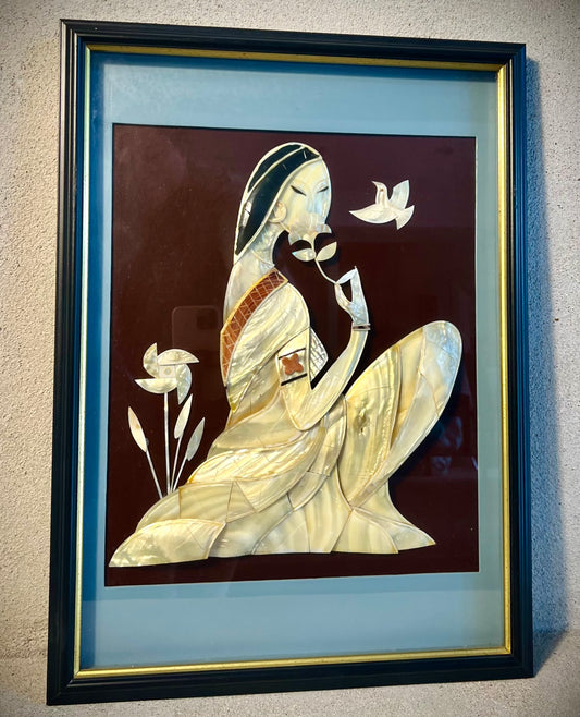 VINTAGE JAPANESE MOTHER OF PEARL SHADOW BOX GIRL WITH BIRD