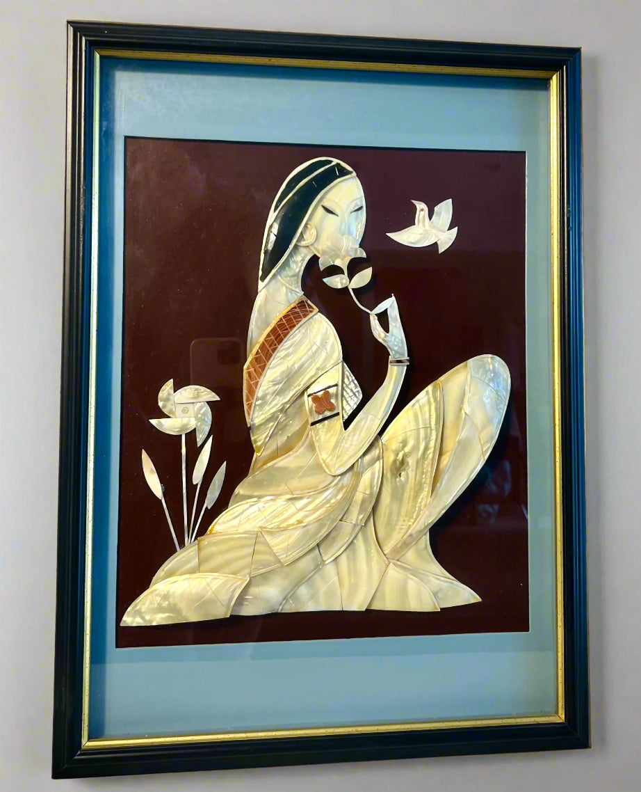 VINTAGE MOTHER OF PEARL WOMAN WITH BIRD – FRAMED SHELL INLAY ART PANEL – 22X16 INCHES