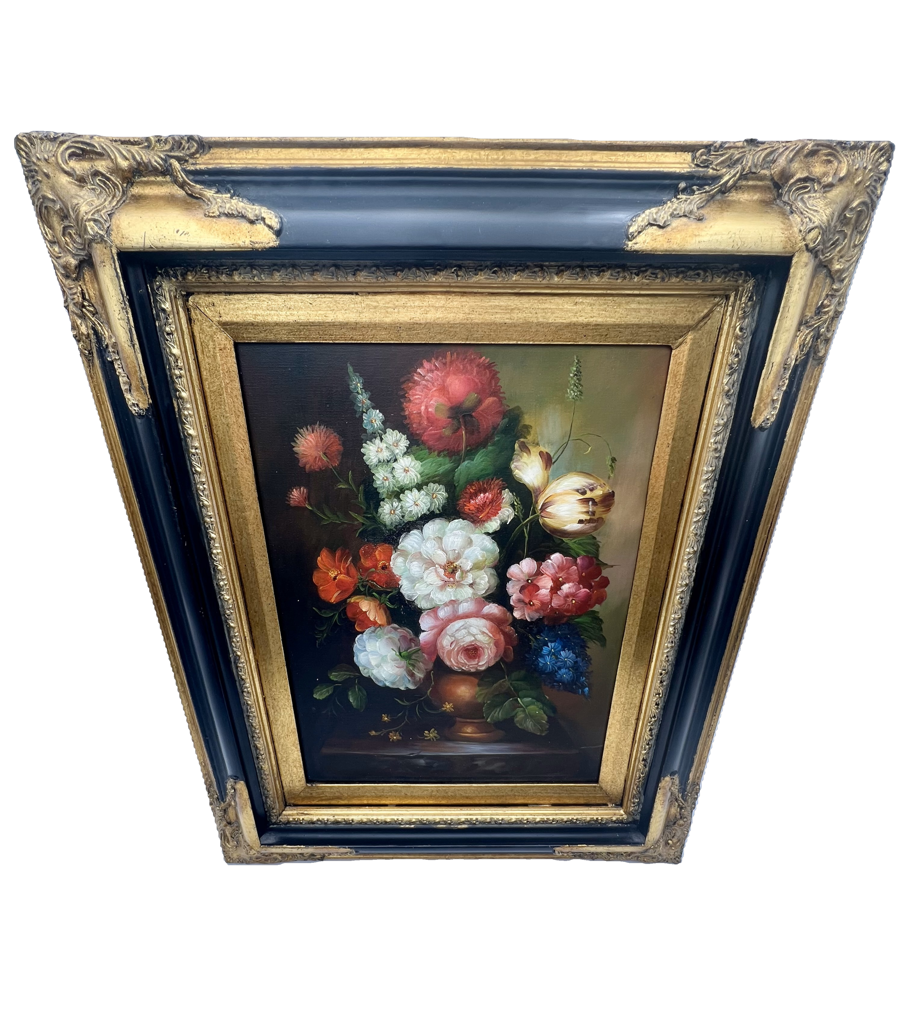 ANTIQUE STYLE FLORAL STILL LIFE OIL PAINTING WITH ORNATE FRAME