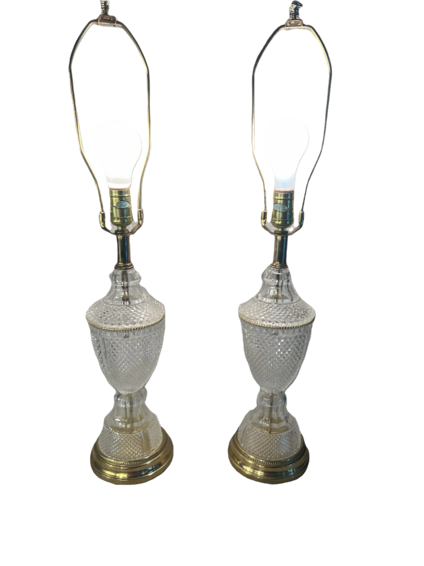 VINTAGE PAIR OF PINAPPLE CUT GLASS CRYSTAL AND BRASS TABLE LAMPS