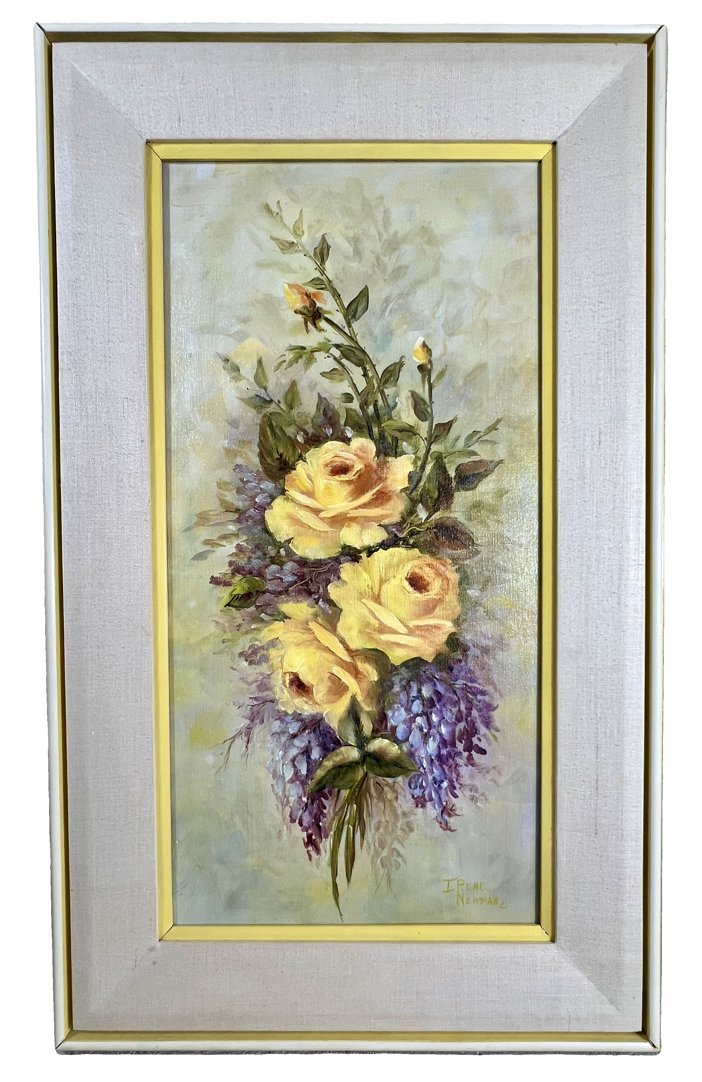 YELLOW ROSES BY IRENE NEWMAN – ORIGINAL OIL PAINTING – VINTAGE TEXAS FLORAL ART