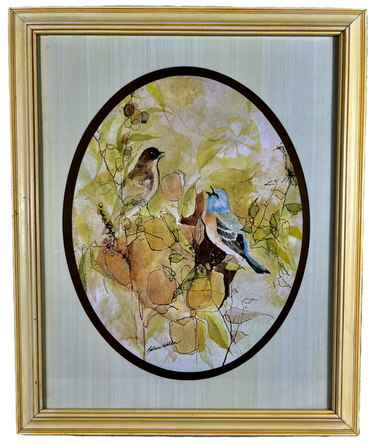 VINTAGE BARBARA WALDEN WATERCOLOR BOHO BIRD FRAMED PRINT