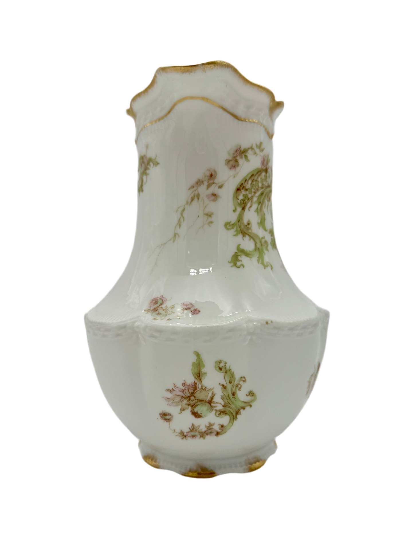 ANTIQUE HAVILAND & CO LIMOGES FLORAL PITCHER – LATE 1800s FRENCH PORCELAIN WITH GOLD GILT DETAIL – ROMANTIC VICTORIAN ART NOUVEAU STYLE