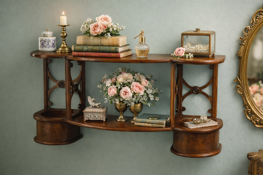 ANTIQUE VICTORIAN GOTHIC REVIVAL WALL SHELF WITH JARDINIÈRE HOLDERS – REFURBISHED WOOD DISPLAY SHELF – 19TH CENTURY