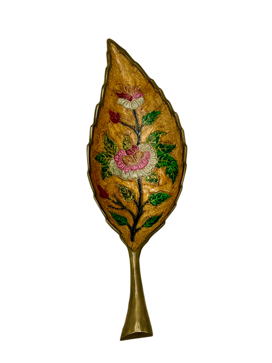 VINTAGE BRASS ENAMEL LEAF DISH WITH HAND-PAINTED FLORAL DESIGN — c. 1960s INDIA