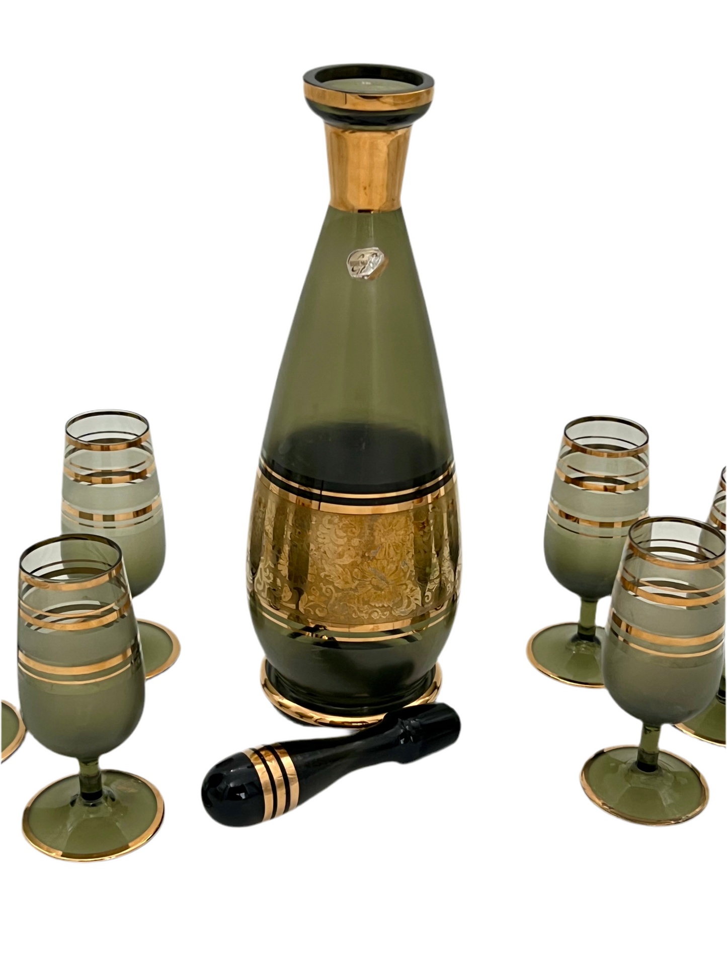 VINTAGE BOHEMIA GLASS DECANTER SET WITH 6 CORDIAL GLASSES – SMOKY GREEN WITH 22K GOLD GILT – MID CENTURY CZECHOSLOVAKIA BARWAREk