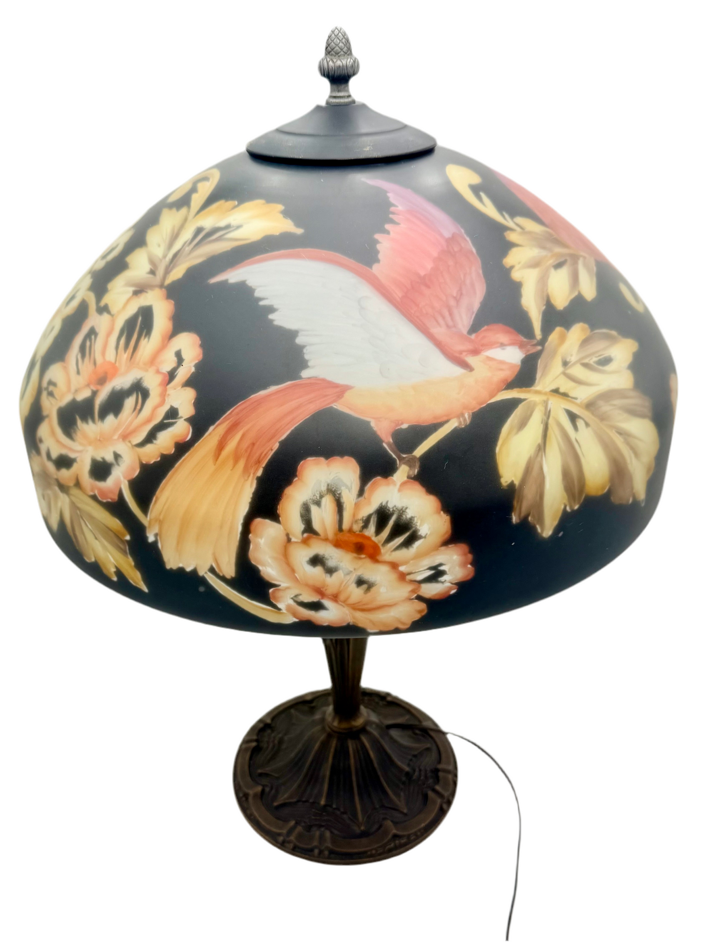 VINTAGE REVERSE-PAINTED GLASS LAMP WITH BIRD & BLOSSOMS