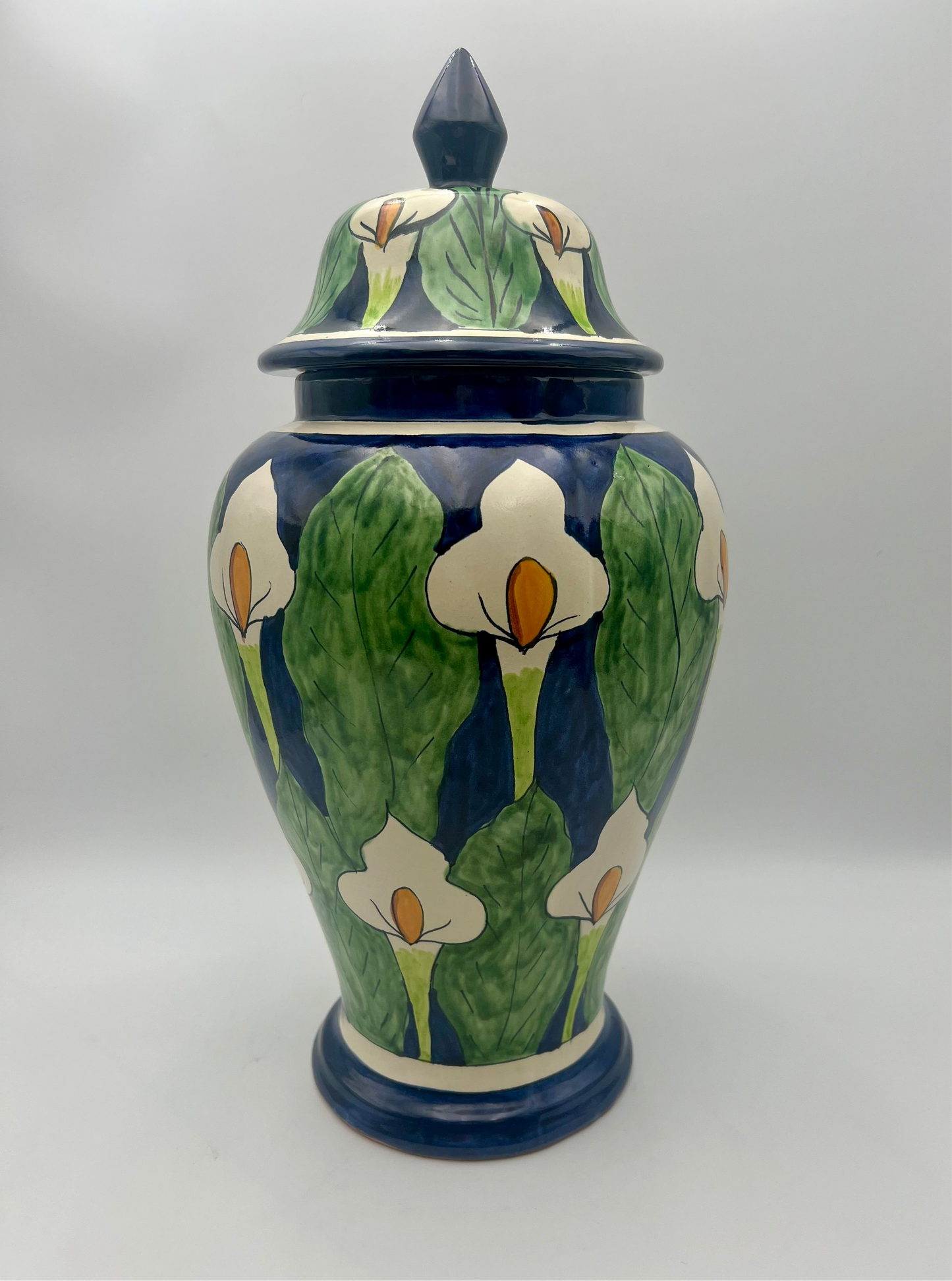 VINTAGE MEXICAN FOLK ART CALLA LILLY  HAND PAINTED MORA POTTERY LARGE VASE