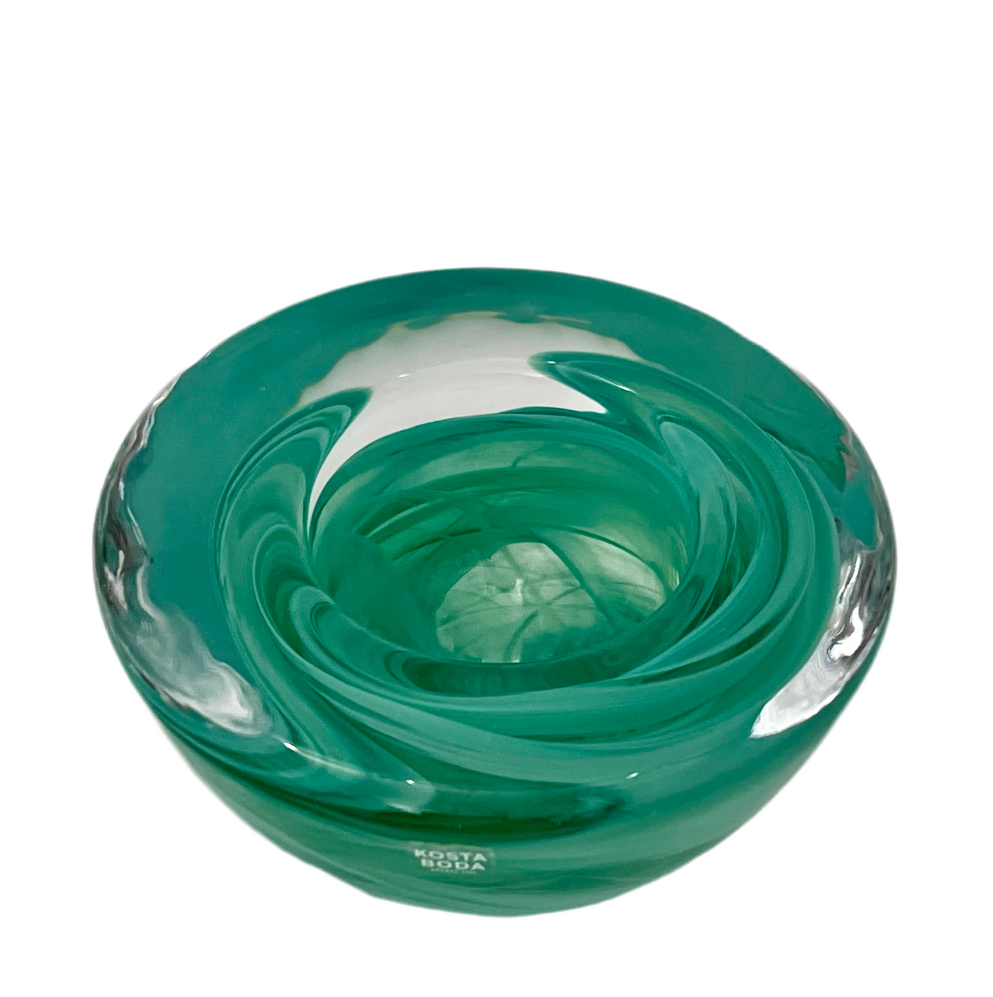KOSTA BODA AQUA ART GLASS CANDLE HOLDER — WITH ORIGINAL MAKER STICKER