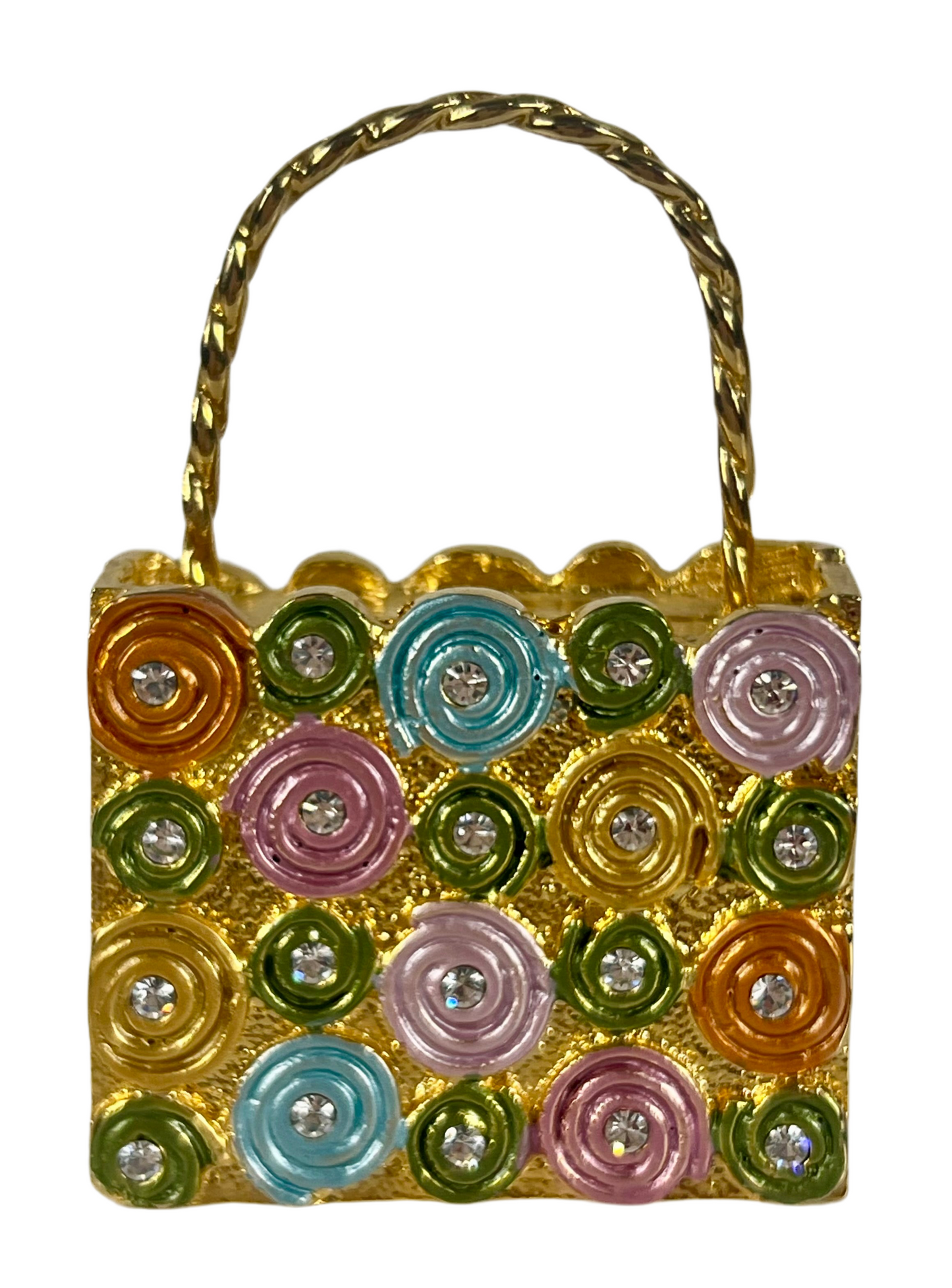 JEWELED ENAMEL HANDBAG TRINKET BOX — GOLD TONE, PASTEL RHINESTONES, MINI PURSE KEEPSAKE