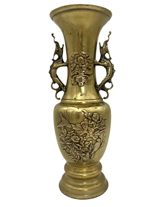 VINTAGE CHINESE BRASS VASE WITH DRAGON HANDLES & FLORAL BIRD RELIEF – 13.75” – HEAVY 5.14 LBS