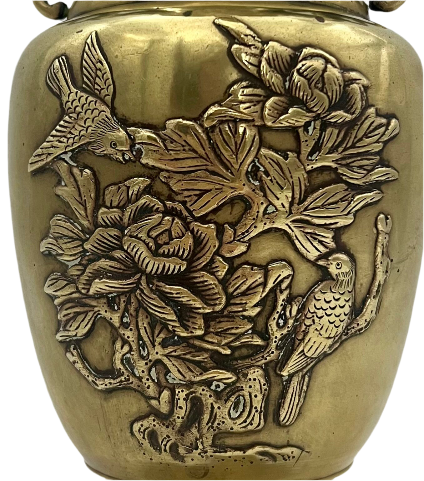 CHINOISERIE CAST BRASS DRAGON HANDLE ALTAR VASE WITH PEONY & BIRD RELIEF – 13.75 INCH STATEMENT PIECE