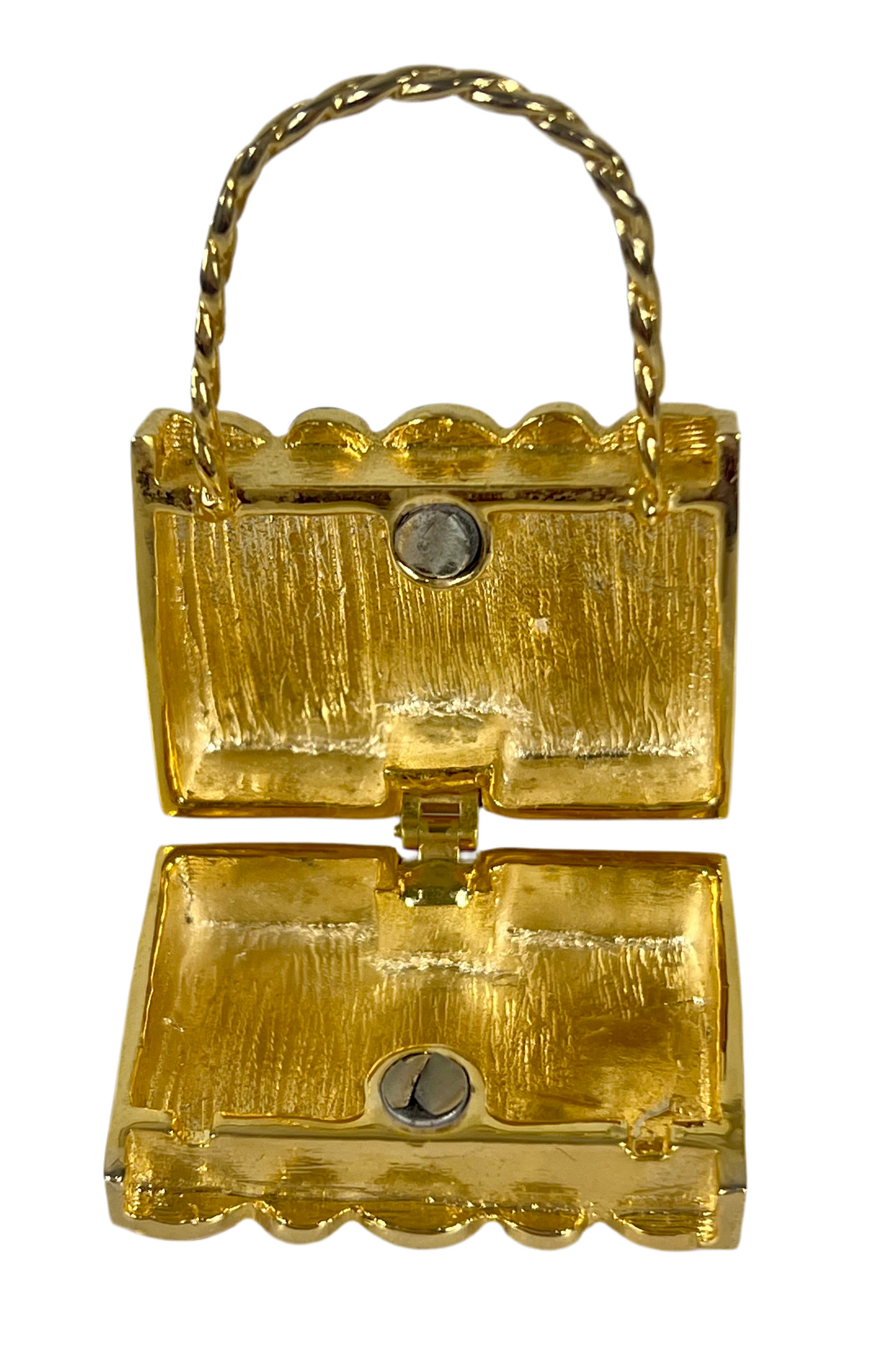 JEWELED ENAMEL HANDBAG TRINKET BOX — GOLD TONE, PASTEL RHINESTONES, MINI PURSE KEEPSAKE