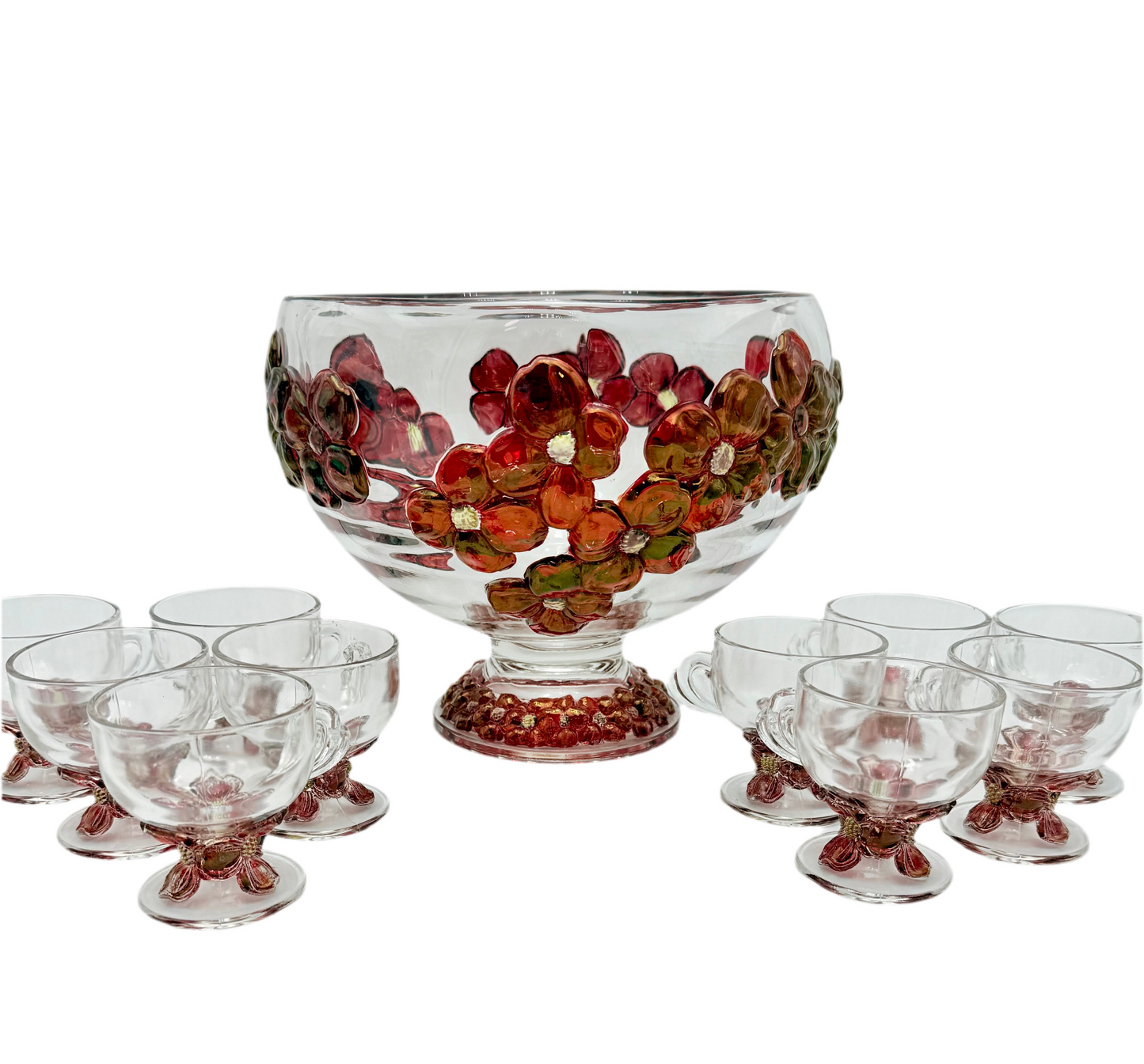 Vintage Red Floral Glass Punch Bowl Set – Bowl + 12 Glasses
