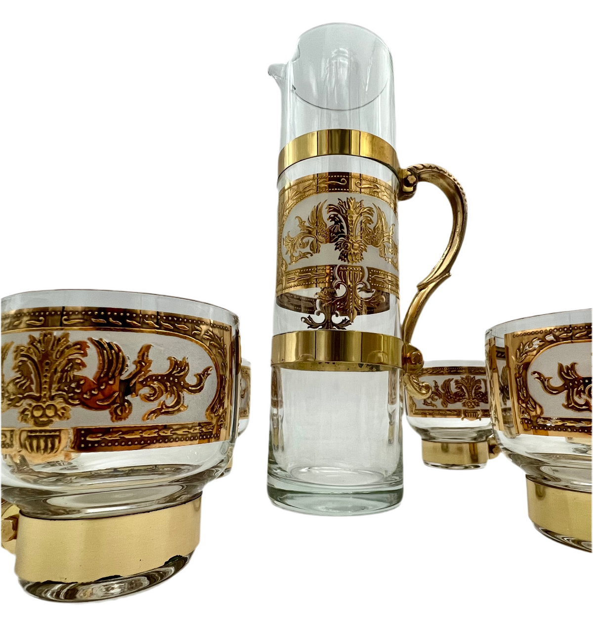 VINTAGE CULVER RENAISSANCE BRASS MOUNTED PITCHER SET 22K GOLD SCROLL MID CENTURY HOLLYWOOD REGENCY