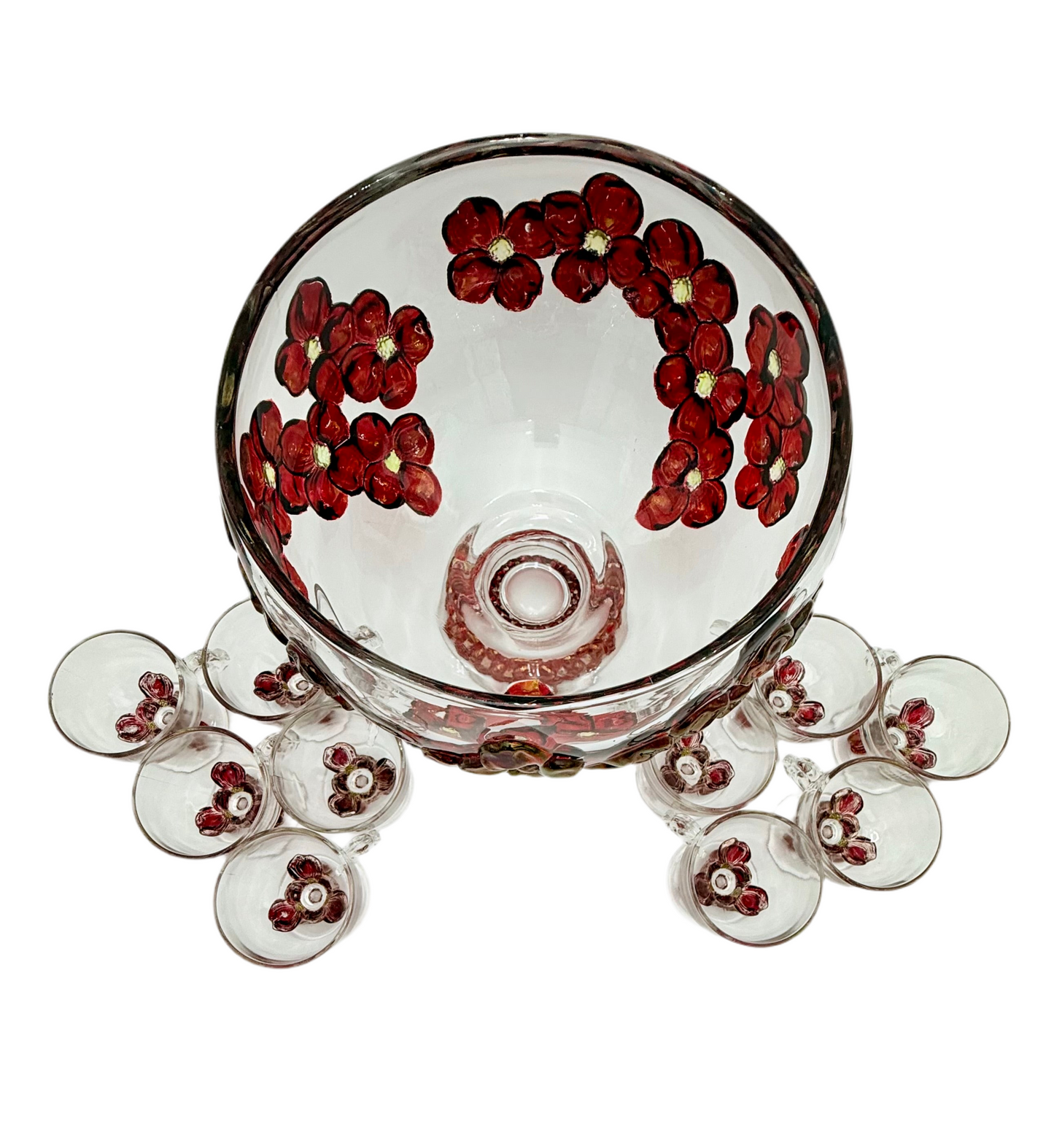 Vintage Red Floral Glass Punch Bowl Set – Bowl + 12 Glasses