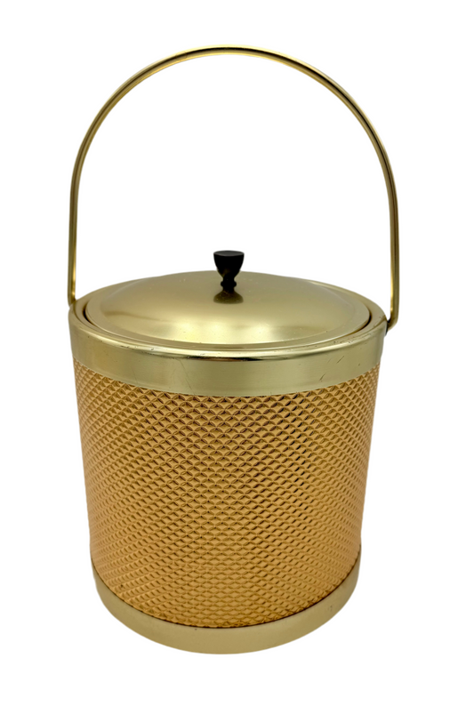 Vintage Gold Ice Bucket | Mid Century Modern Barware | Textured Metal Ice Bucket with Lid & Handle | Retro 1960s Gold-Tone Drinkware Decor