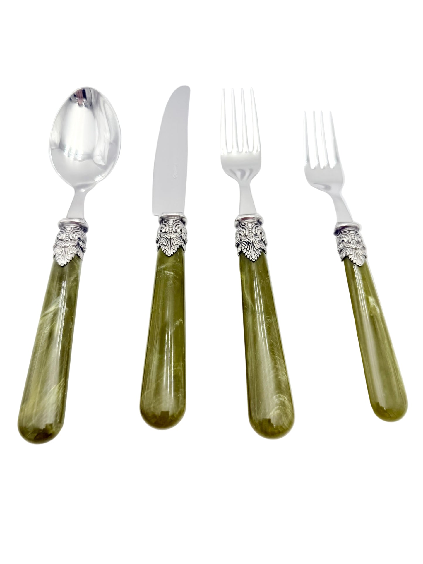RARE GREEN EME ZINOX ITALY FLATWARE SET – 4 PIECE LUXURY PLACE SETTING WITH ORNATE SILVER DETAIL – VINTAGE ITALIAN REGENCY FLATWARE