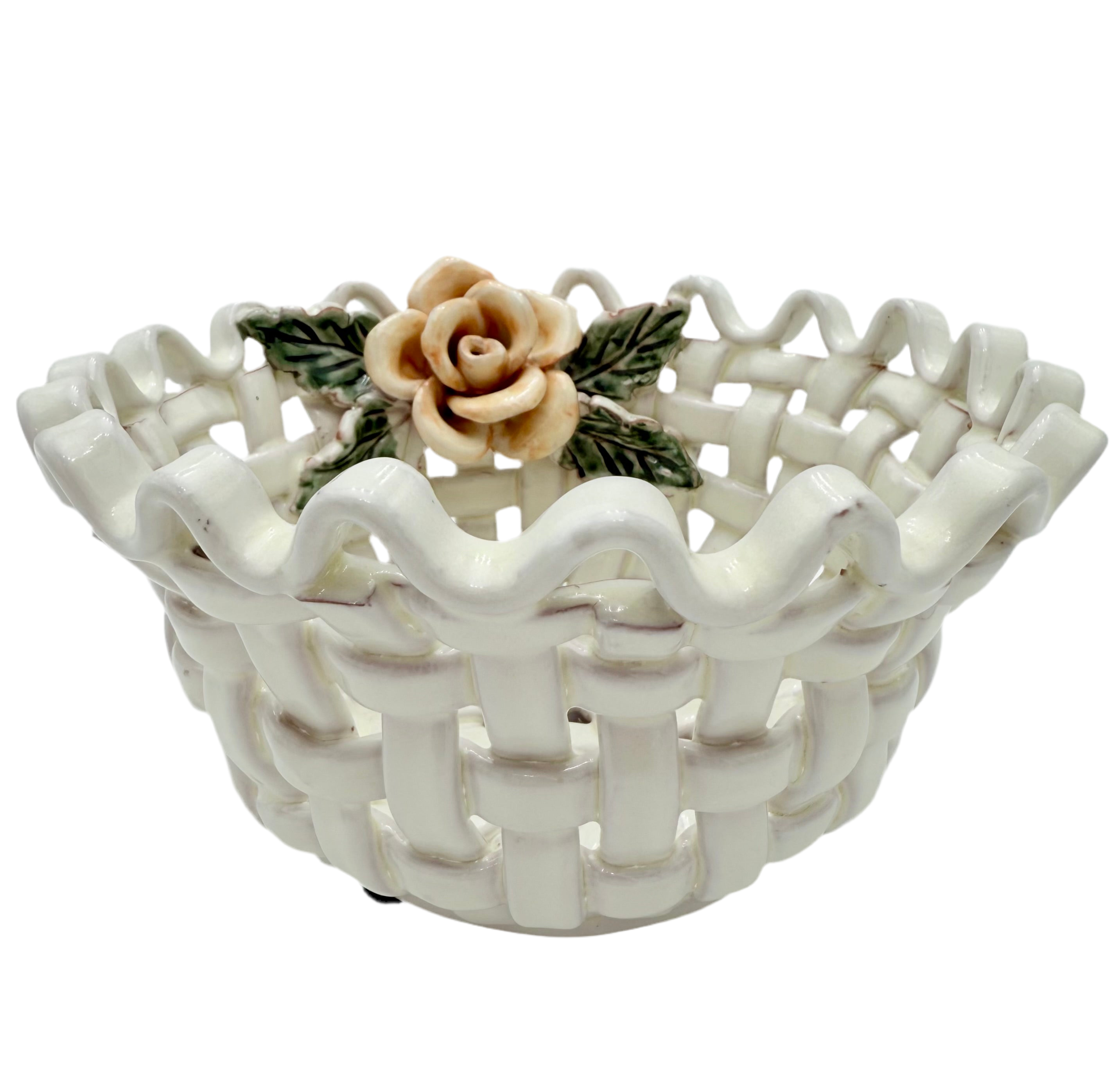 VINTAGE ITALIAN PORCELAIN SCALLOPED LATTICE BASKET BOWL WITH APPLIED ROSE | CAPODIMONTE STYLE | 1960s–1970s