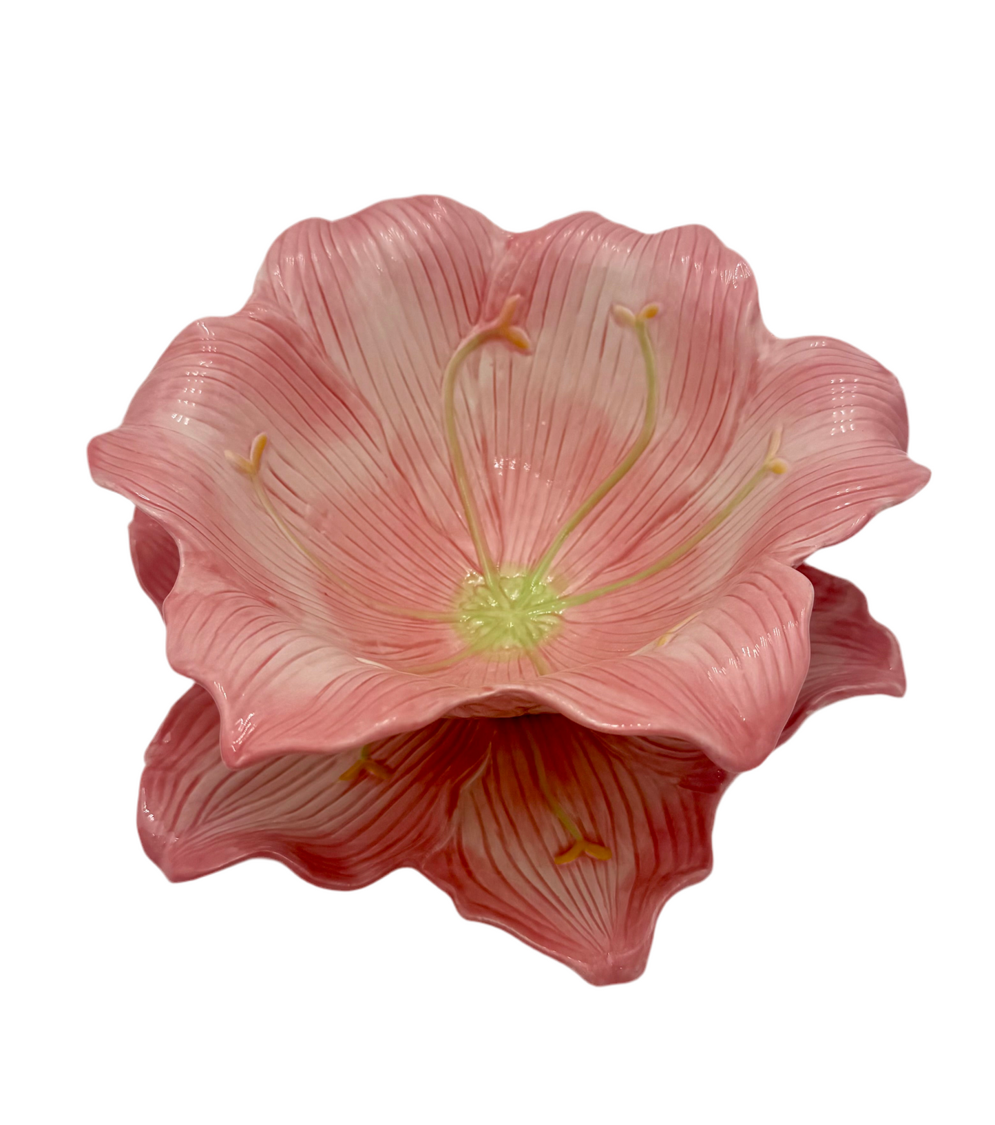 Vintage Pink Lily Ceramic Bowl & Plate Set by Nanette Vacher for Ambiance – 1990s Floral Bowl Set – Cottagecore Pink Decor – Set of 8