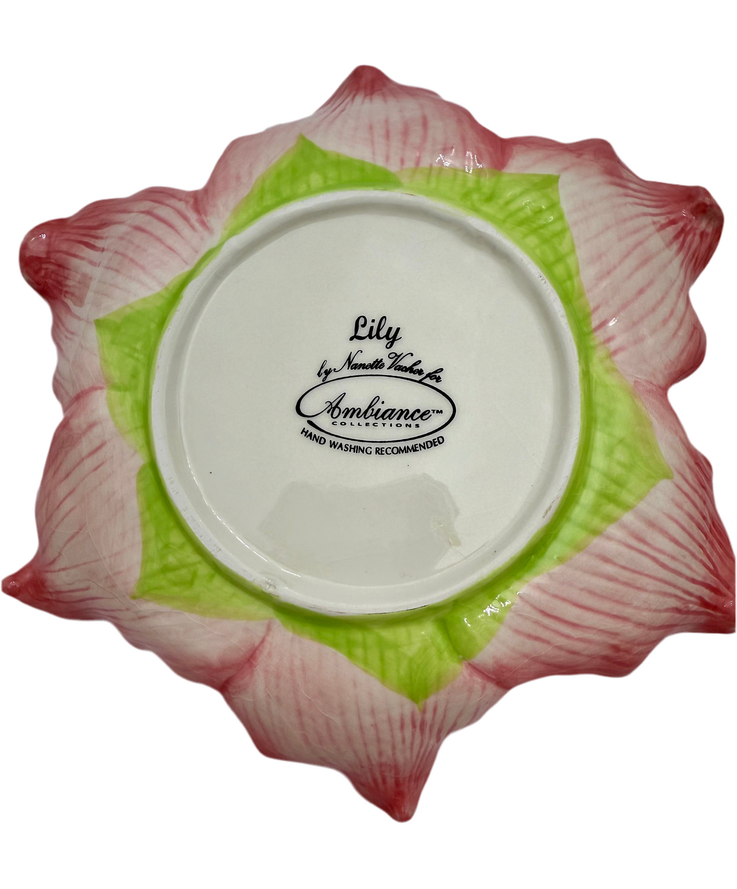 Vintage Pink Lily Ceramic Bowl & Plate Set by Nanette Vacher for Ambiance – 1990s Floral Bowl Set – Cottagecore Pink Decor – Set of 8