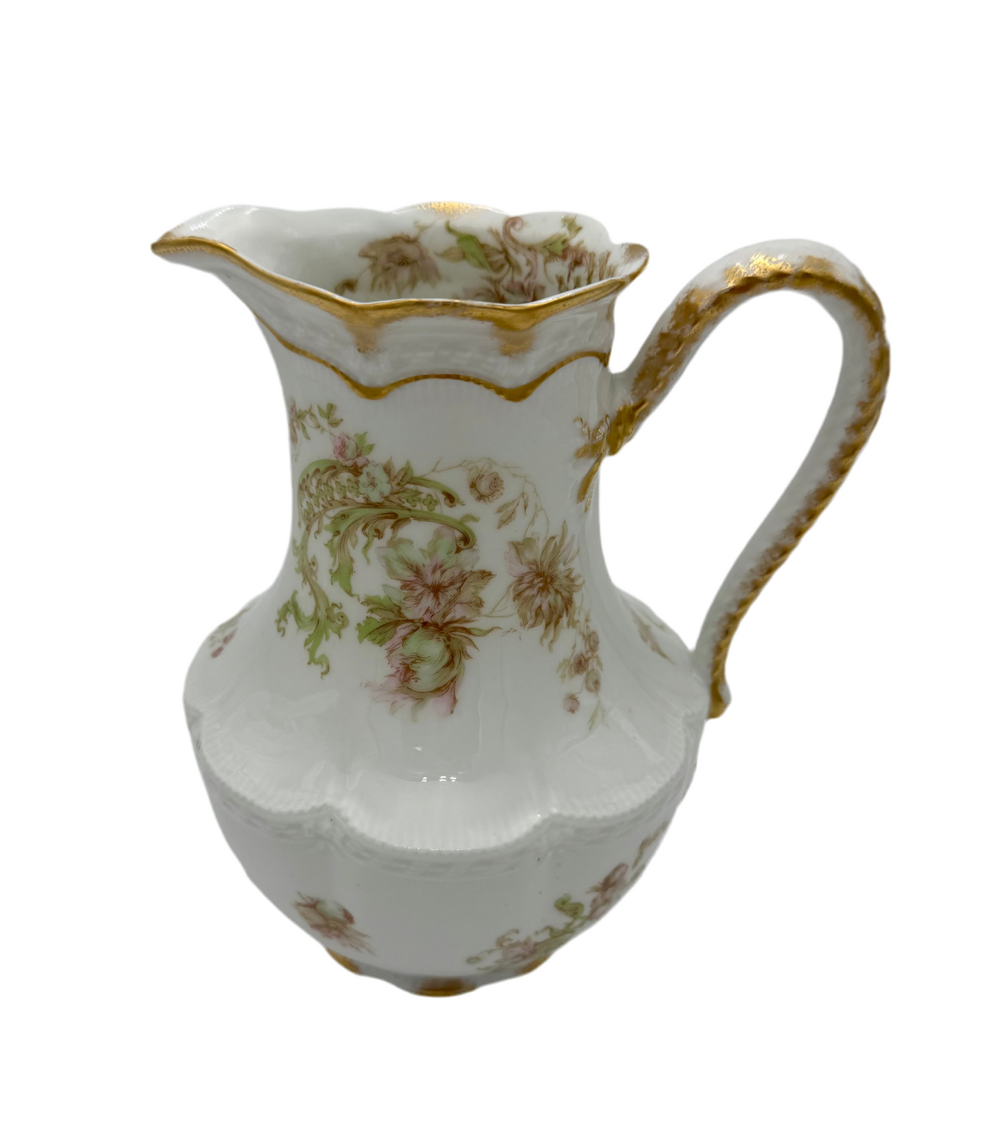 ANTIQUE HAVILAND & CO LIMOGES FLORAL PITCHER – LATE 1800s FRENCH PORCELAIN WITH GOLD GILT DETAIL – ROMANTIC VICTORIAN ART NOUVEAU STYLE