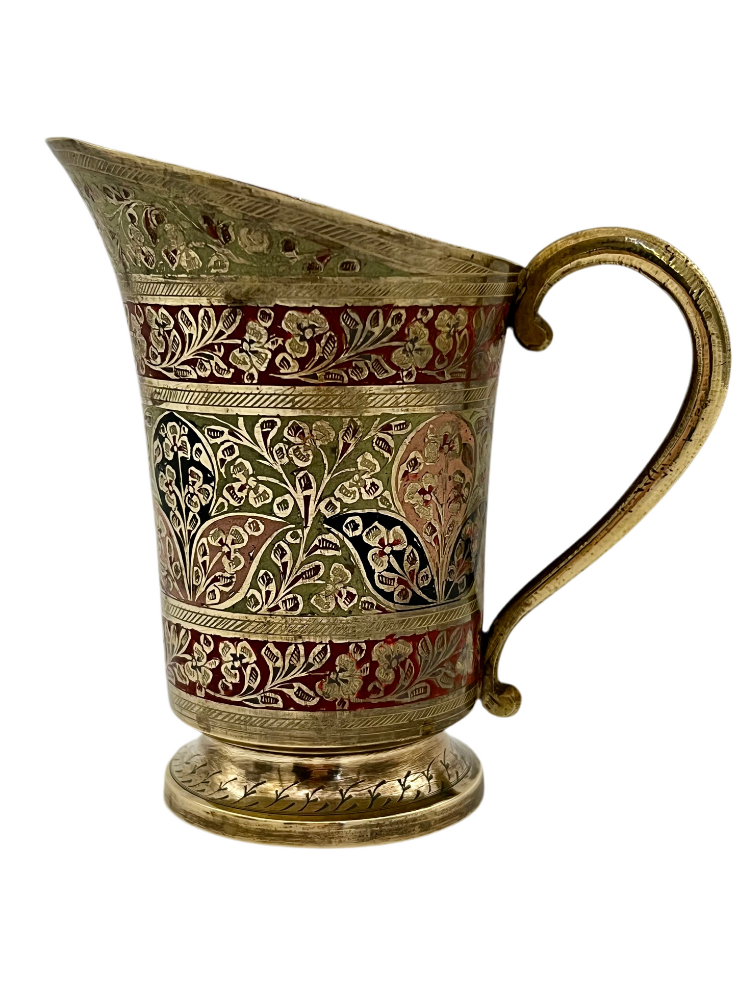 ANTIQUE CIRCA 1900 INDIAN MEENAKARI ENAMELED BRASS PITCHER – HAND ENGRAVED FLORAL MOTIFS – 6″
