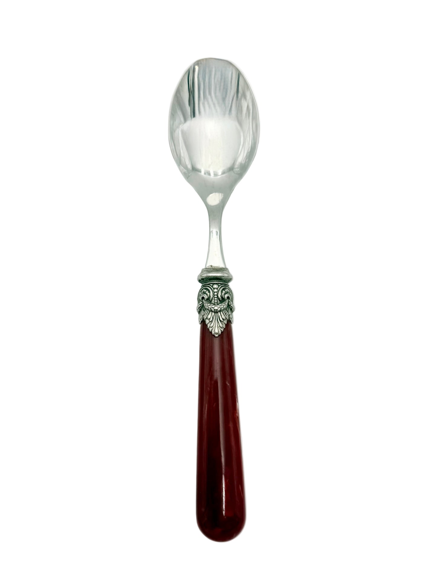 VINTAGE EME ZINOX ITALY SPOON – BURGUNDY LUCITE HANDLE WITH ORNATE SILVER DETAIL – LUXURY ITALIAN FLATWARE