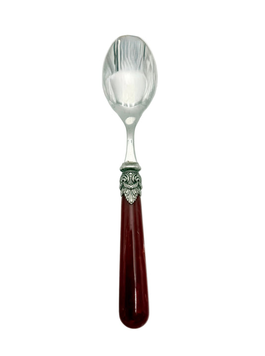 VINTAGE EME ZINOX ITALY SPOON – BURGUNDY LUCITE HANDLE WITH ORNATE SILVER DETAIL – LUXURY ITALIAN FLATWARE