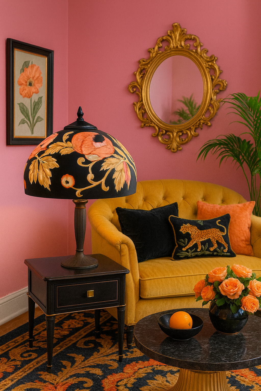 VINTAGE REVERSE-PAINTED GLASS LAMP WITH BIRD & BLOSSOMS