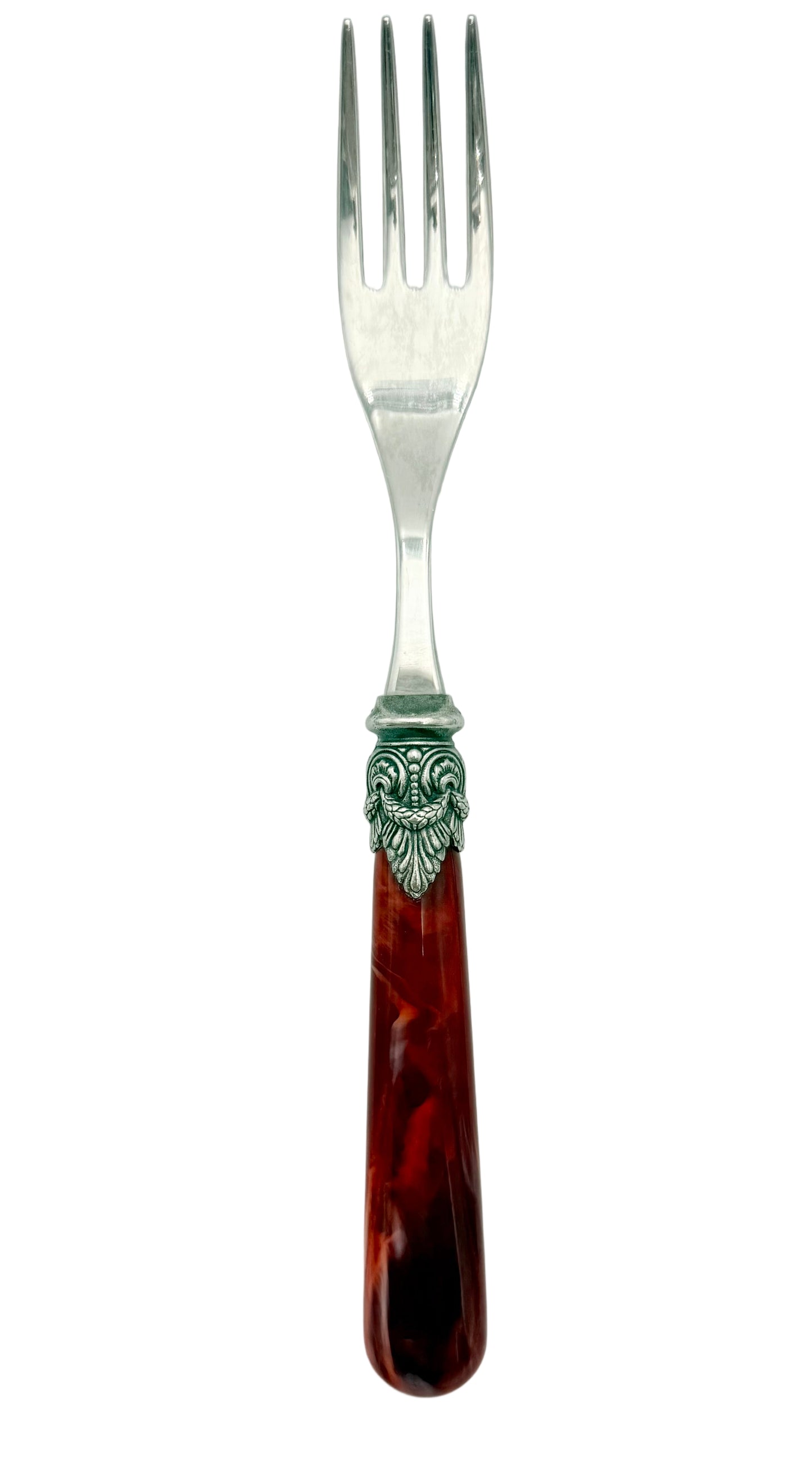 VINTAGE EME ZINOX ITALY SALAD FORK – BURGUNDY LUCITE HANDLE WITH ORNATE SILVER DETAIL – MADE IN ITALY