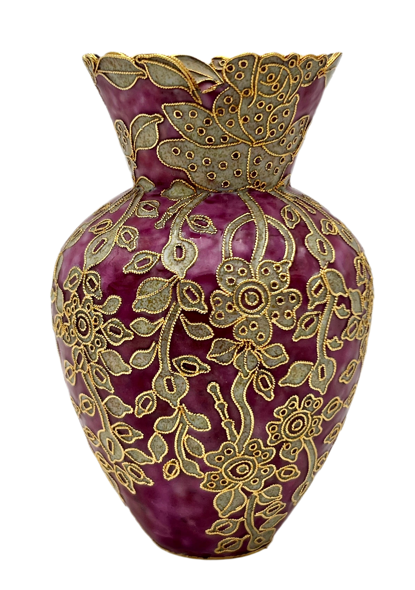 VINTAGE PURPLE AND GOLD FLORAL FILIGREE VASE – ORNATE DECORATIVE SMALL VASE 5.5 INCHES
