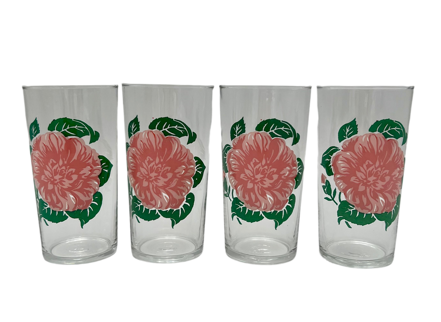 Set of 4 Vintage Libbey Pink Peony Floral Glasses – 1950s Mid-Century Iced Tea Tumblers – Retro Enamel Flower Drinkware – Eclectic Whimsy Decor