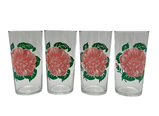 Set of 4 Vintage Libbey Pink Peony Floral Glasses – 1950s Mid-Century Iced Tea Tumblers – Retro Enamel Flower Drinkware – Eclectic Whimsy Decor