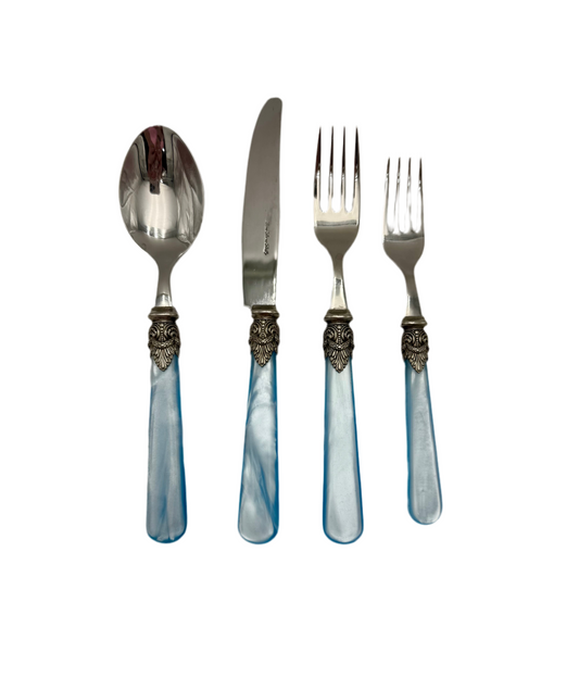 RARE BLUE EME ZINOX ITALY FLATWARE SET – 4 PIECE LUXURY PLACE SETTING WITH ORNATE SILVER DETAIL – VINTAGE ITALIAN BAROQUE TABLEWARE