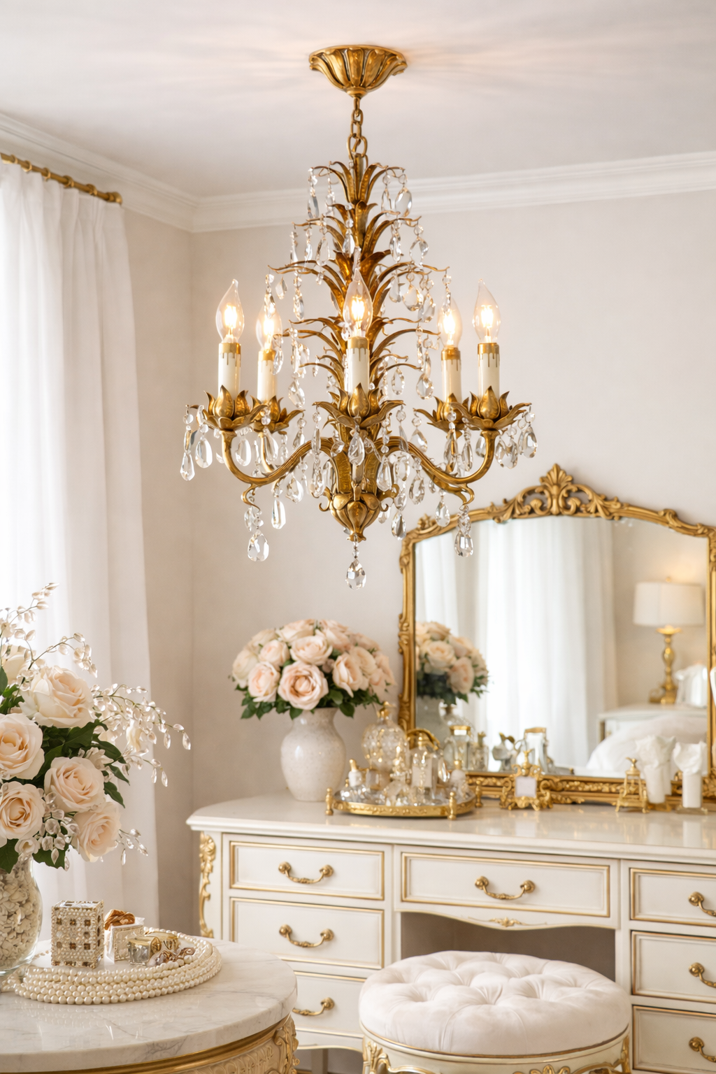 24-inch Italian Hollywood Regency chandelier with gilt floral tole metal and crystal basket shades.