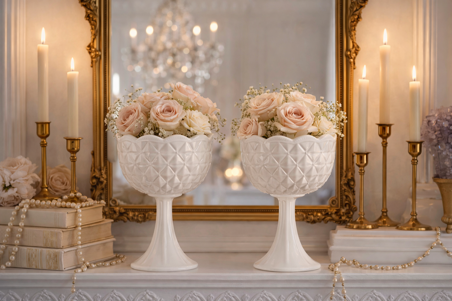 VINTAGE MILK GLASS PEDESTAL COMPOTES PAIR | MID CENTURY DIAMOND POINT RUFFLED BOWLS | UNMARKED AMERICAN GLASS | 1950S–1960S