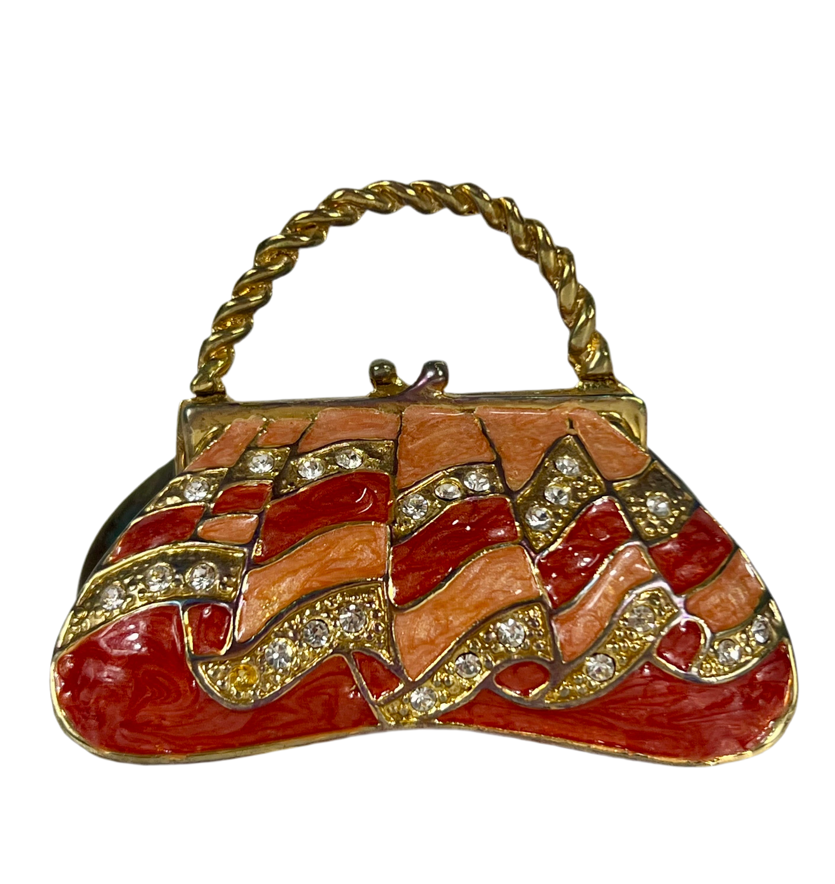 VINTAGE JEWELED PURSE TRINKET BOX FLORAL ENAMEL HANDBAG RING BOX