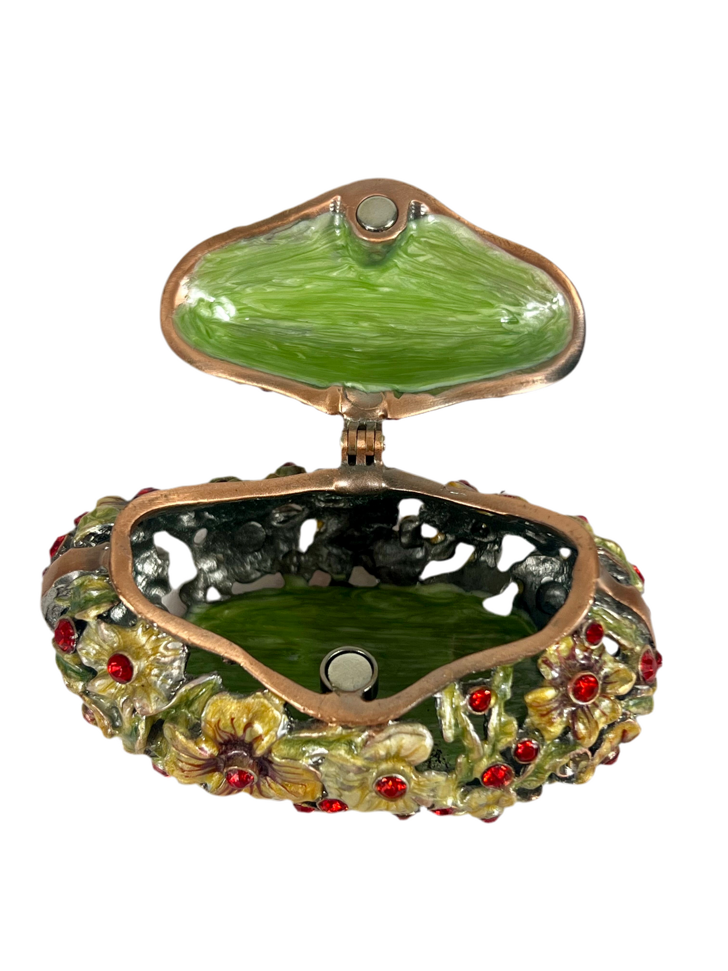 VINTAGE SMALL TRINKET/JEWELRY BOX PURSE SHAPED WITH CUT OUT FLOWERS AND RED CRYSTALS