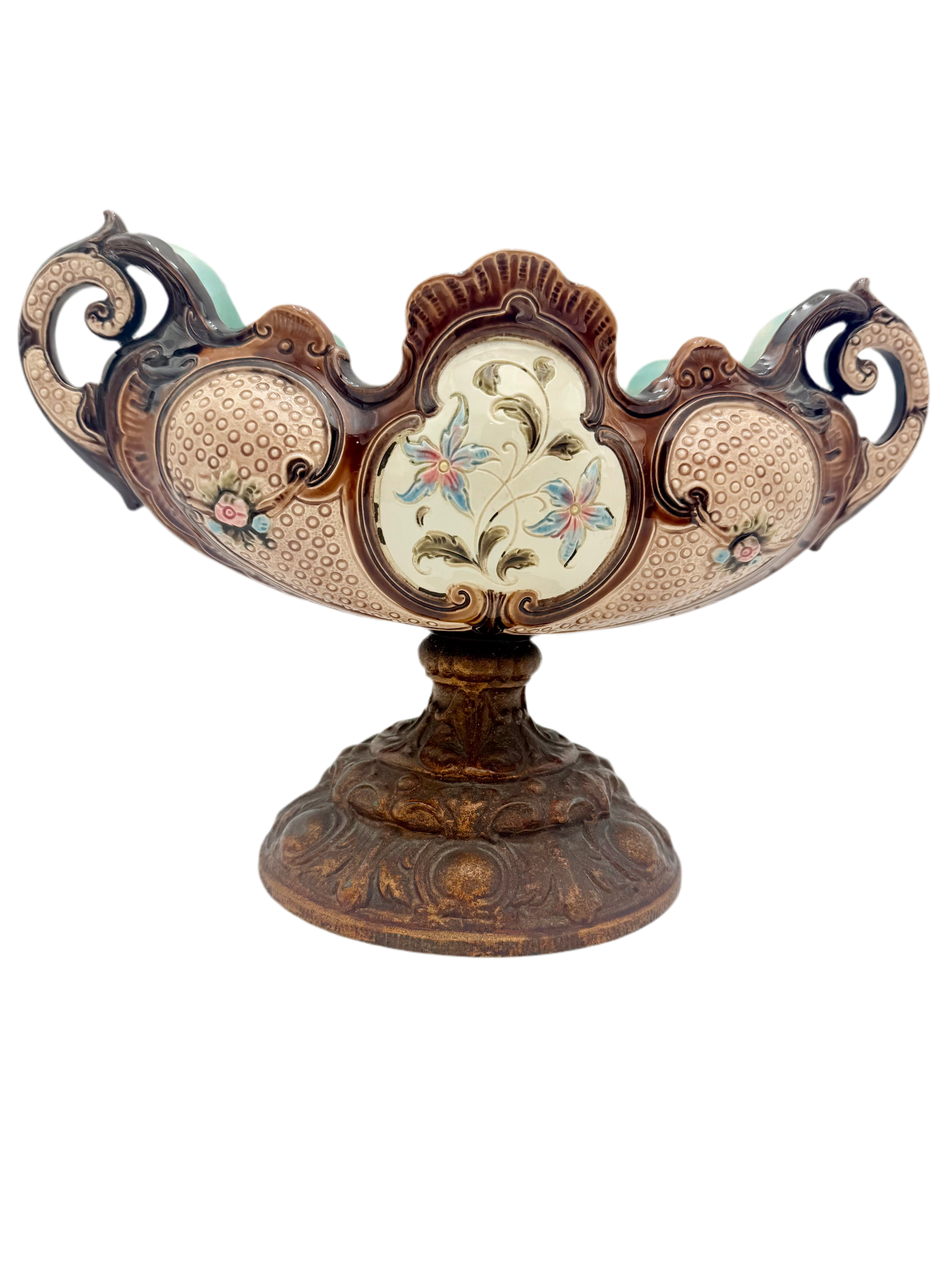 ANTIQUE VICTORIAN MAJOLICA PEDESTAL PLANTER – HAND PAINTED FLORAL SCALLOPED BOWL