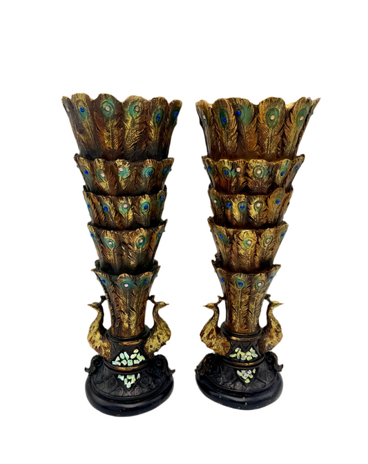 PAIR OF VINTAGE PEACOCK FEATHER VASES WITH JEWEL ACCENTS AND MOTHER-OF-PEARL INLAY