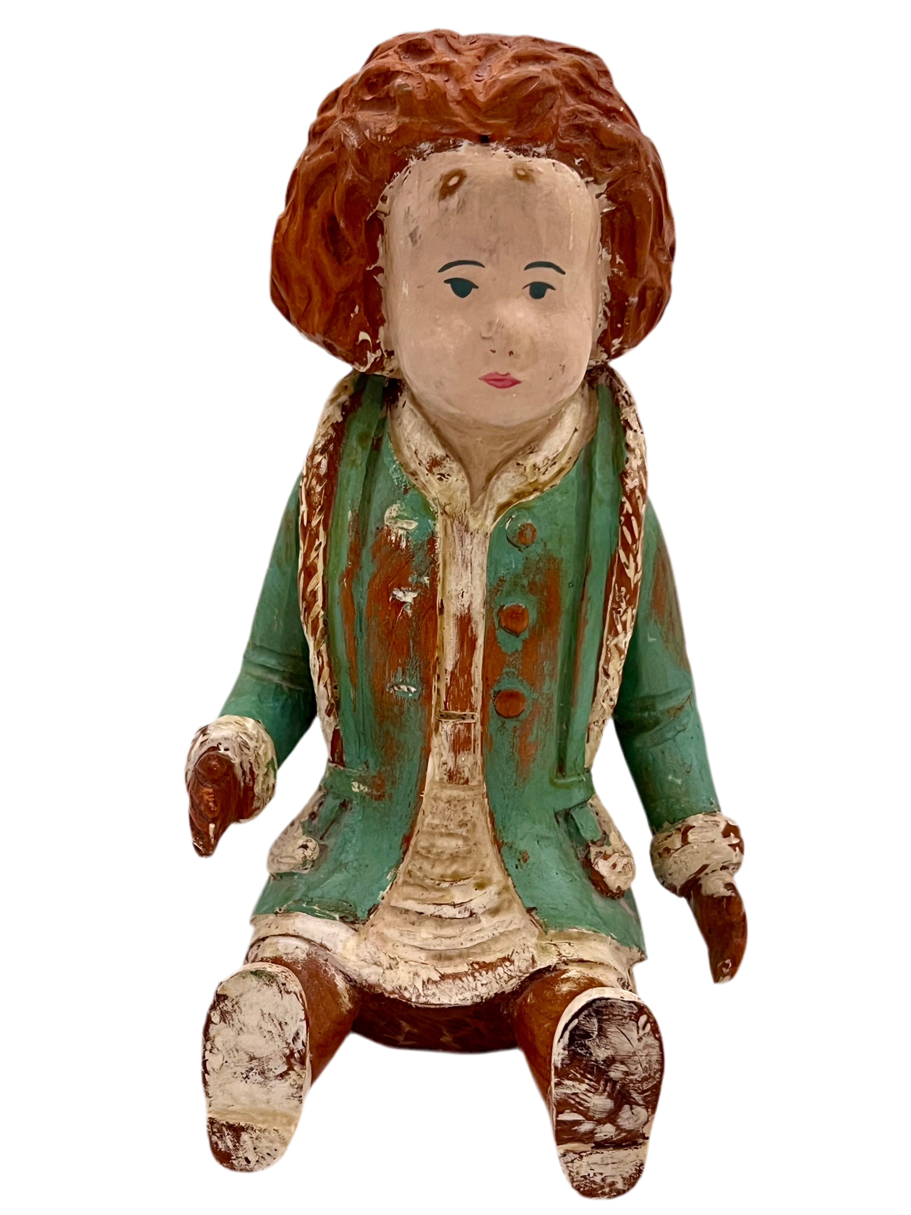 HAND-CARVED SARREID ITALY WOOD FIGURE • VINTAGE FOLK ART DOLL • DISTRESSED PAINTED ITALIAN CARVING • 12.5”