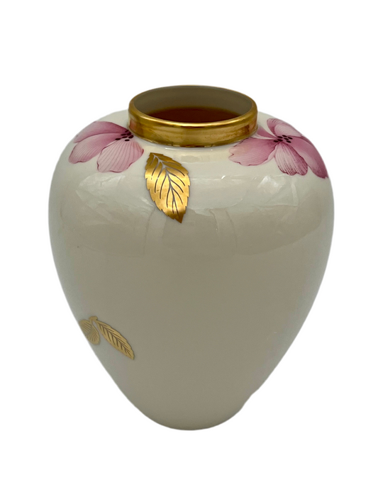 LENOX ROYAL BLOSSOM VASE WITH PINK FLOWERS AND 24 K GOLD TRIM