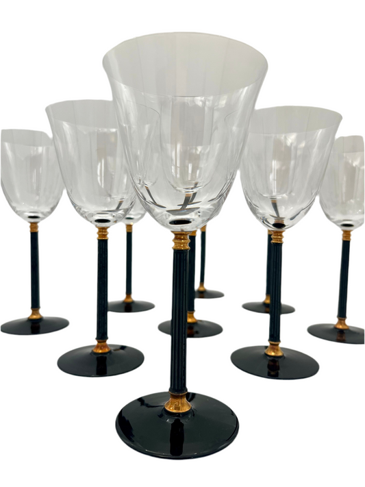 VINTAGE set of 8 1990s SASAKI TUCANO BLACK STEM WITH GOLD ACCENT WATER/WINE GOBLET