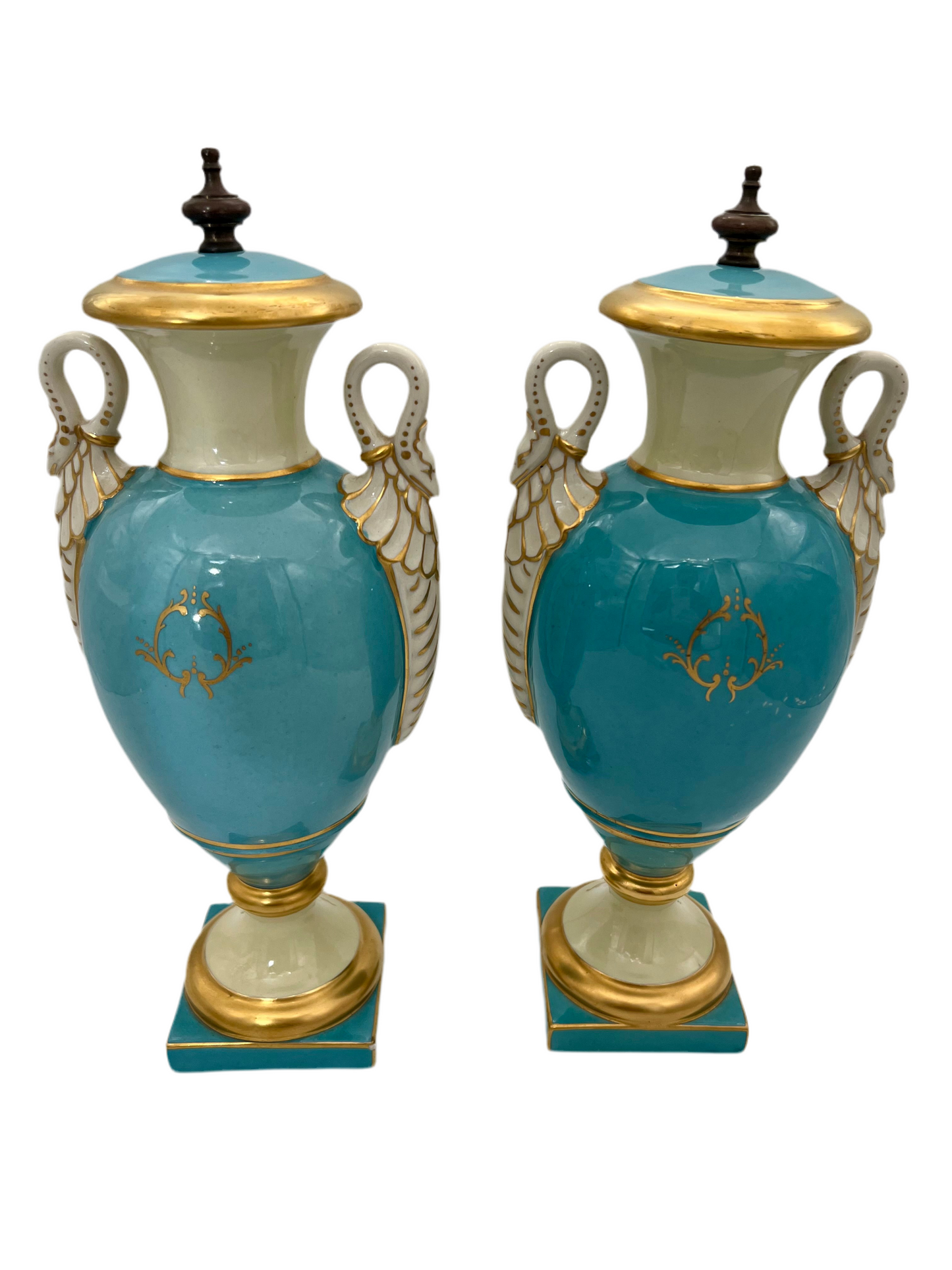 PAIR OF 19TH CENTURY LIMOGES SWAN-HANDLE URN VASES WITH LIDS – TURQUOISE & GOLD OLD PARIS STYLE, HAND-PAINTED FLORAL CARTOUCHES
