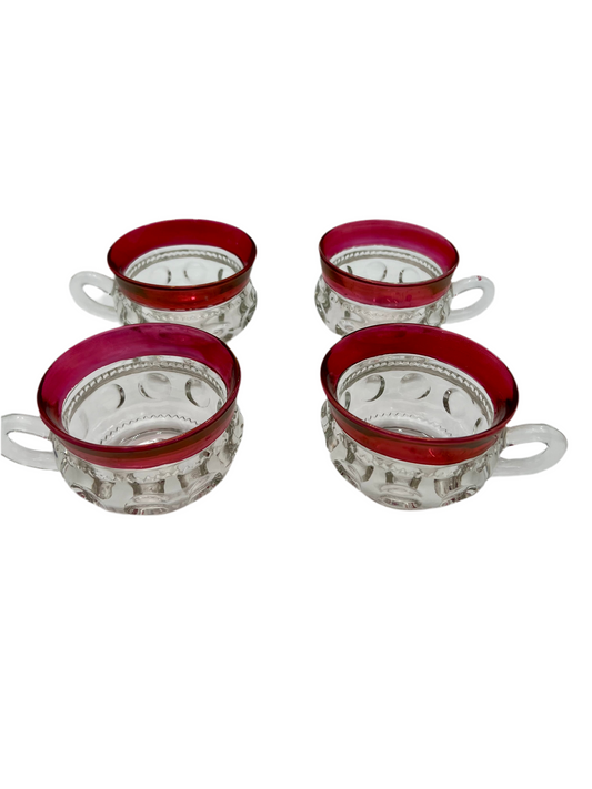 RARE MID-CENTURY PUNCH BOWL CUP SET OF 4 VINTAGE KINGS CROWN RUBY RED THUMBPRINT