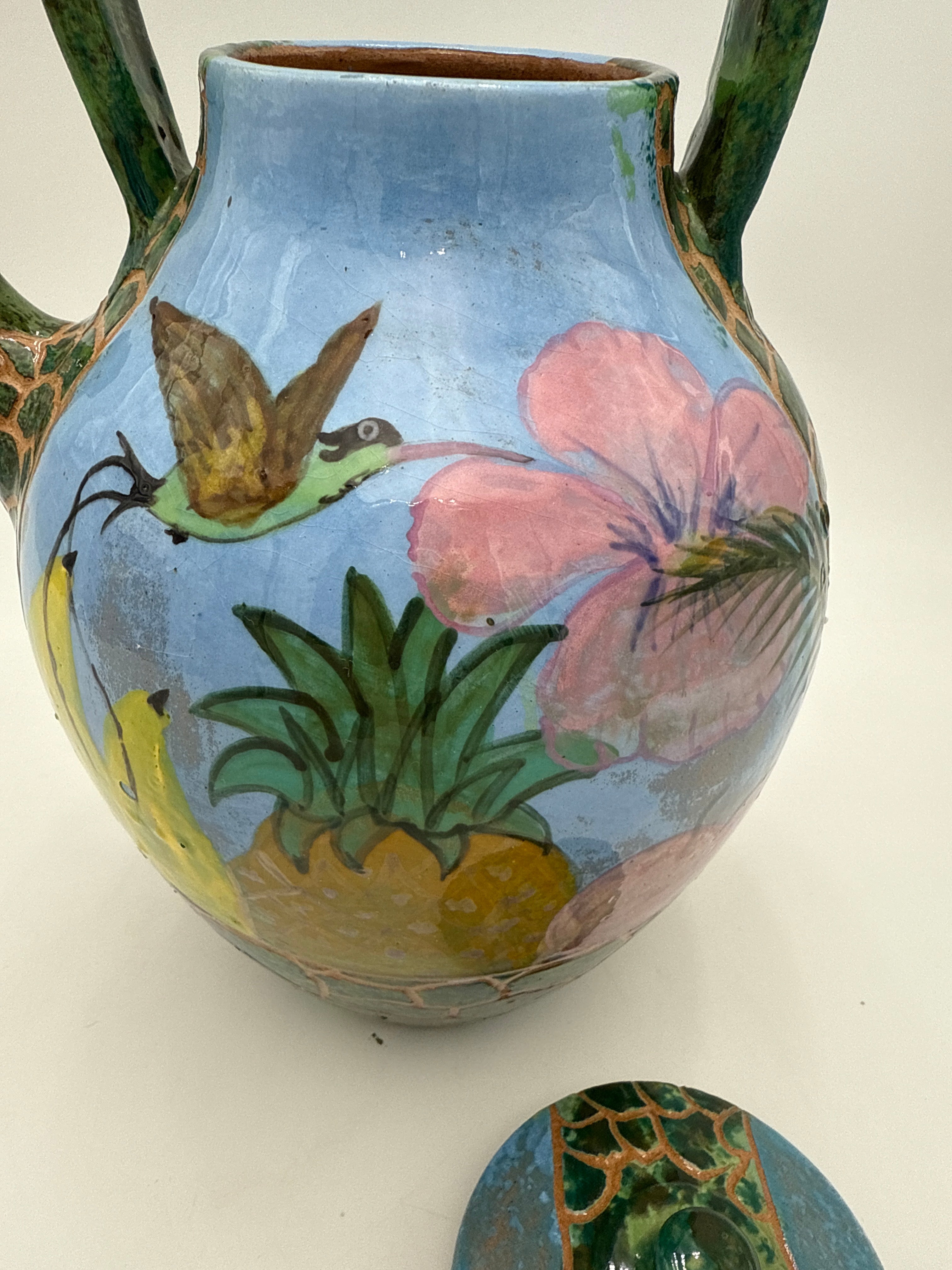 HAND-PAINTED TROPICAL TEAPOT BY LINCIAR ART – Vintage Mexican Ceramic with Pineapple, Hummingbird & Hibiscus