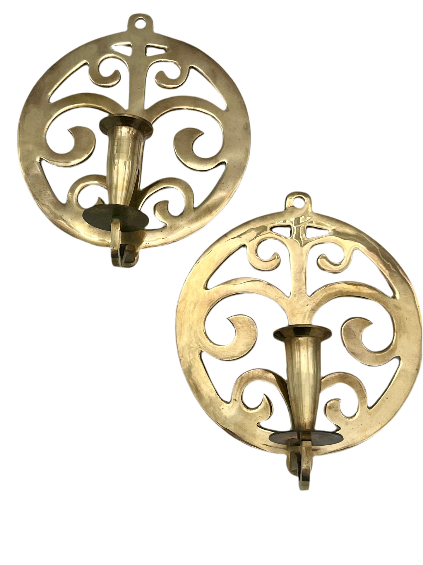 PAIR OF VINTAGE BRASS WALL SCONCES WITH SCROLL DESIGN