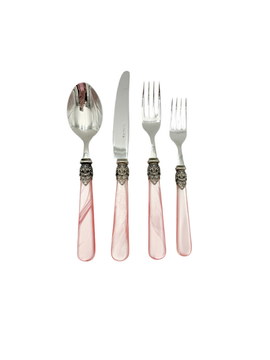 RARE PINK EME ZINOX ITALY FLATWARE SET – 4 PIECE LUXURY PLACE SETTING WITH ORNATE SILVER DETAIL – VINTAGE ITALIAN TABLEWARE