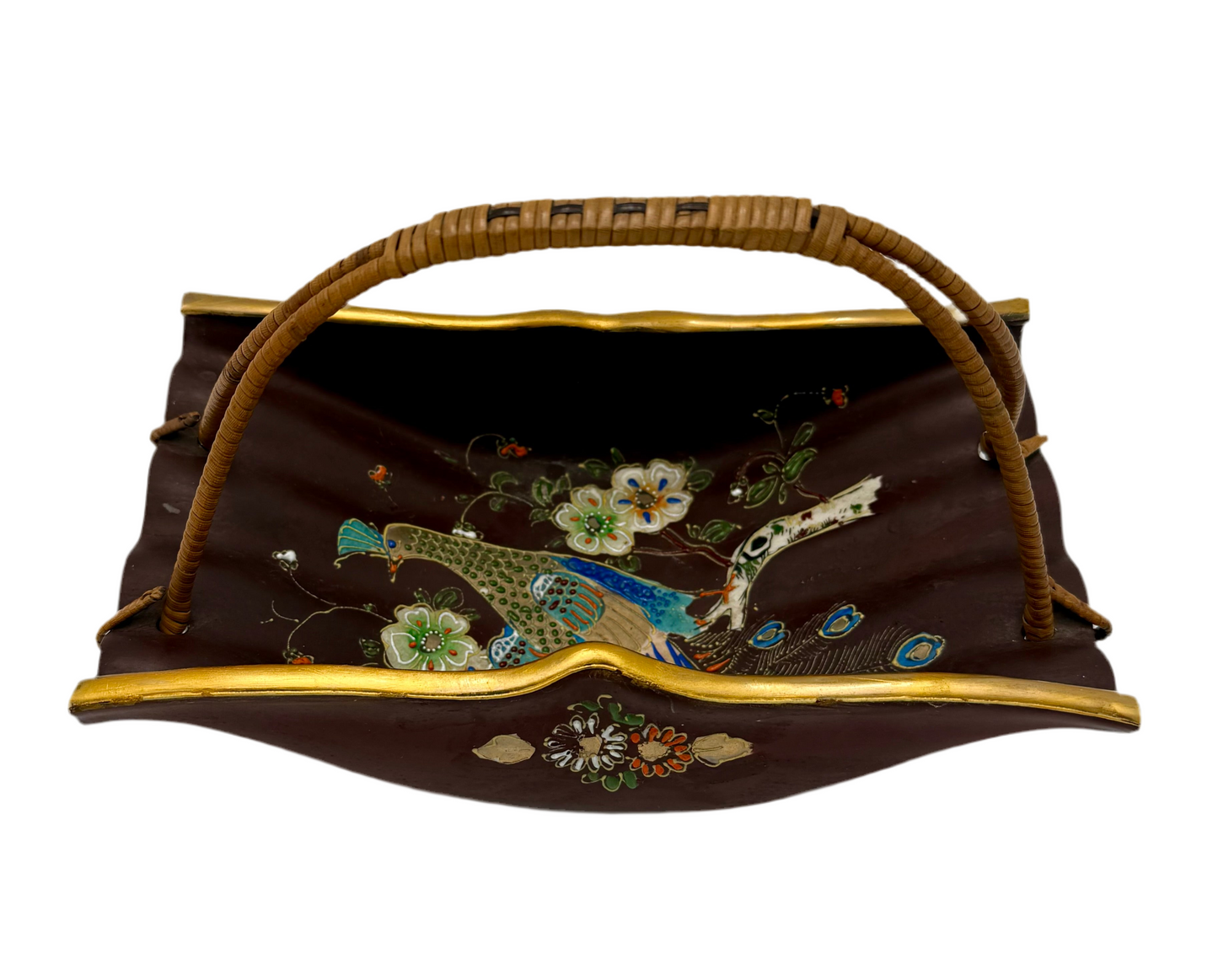 VINTAGE HAND-PAINTED JAPANESE PEACOCK BASKET – MORIAGE ENAMEL & GOLD TRIM – MID-CENTURY ASIAN DECOR
